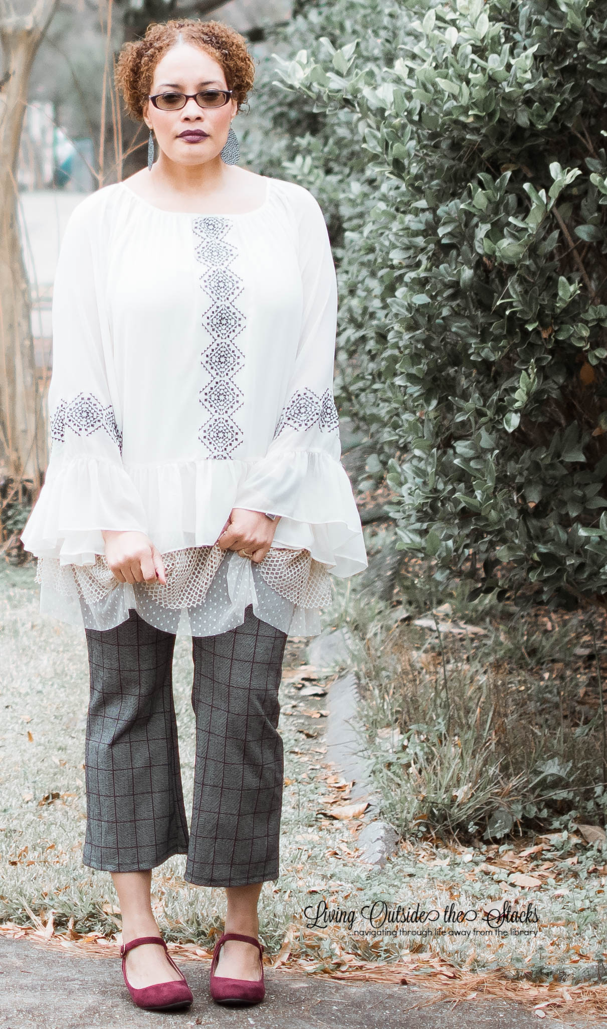  Tan Cardigan Laurie Felt Aztec Blouse Tweed Cropped Pants and Burgundy Shoes {living outside the stacks}