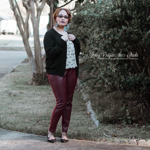 Black Cardi Bird Print Blouse Faux Leather Pants and Black Flats {living outside the stacks}