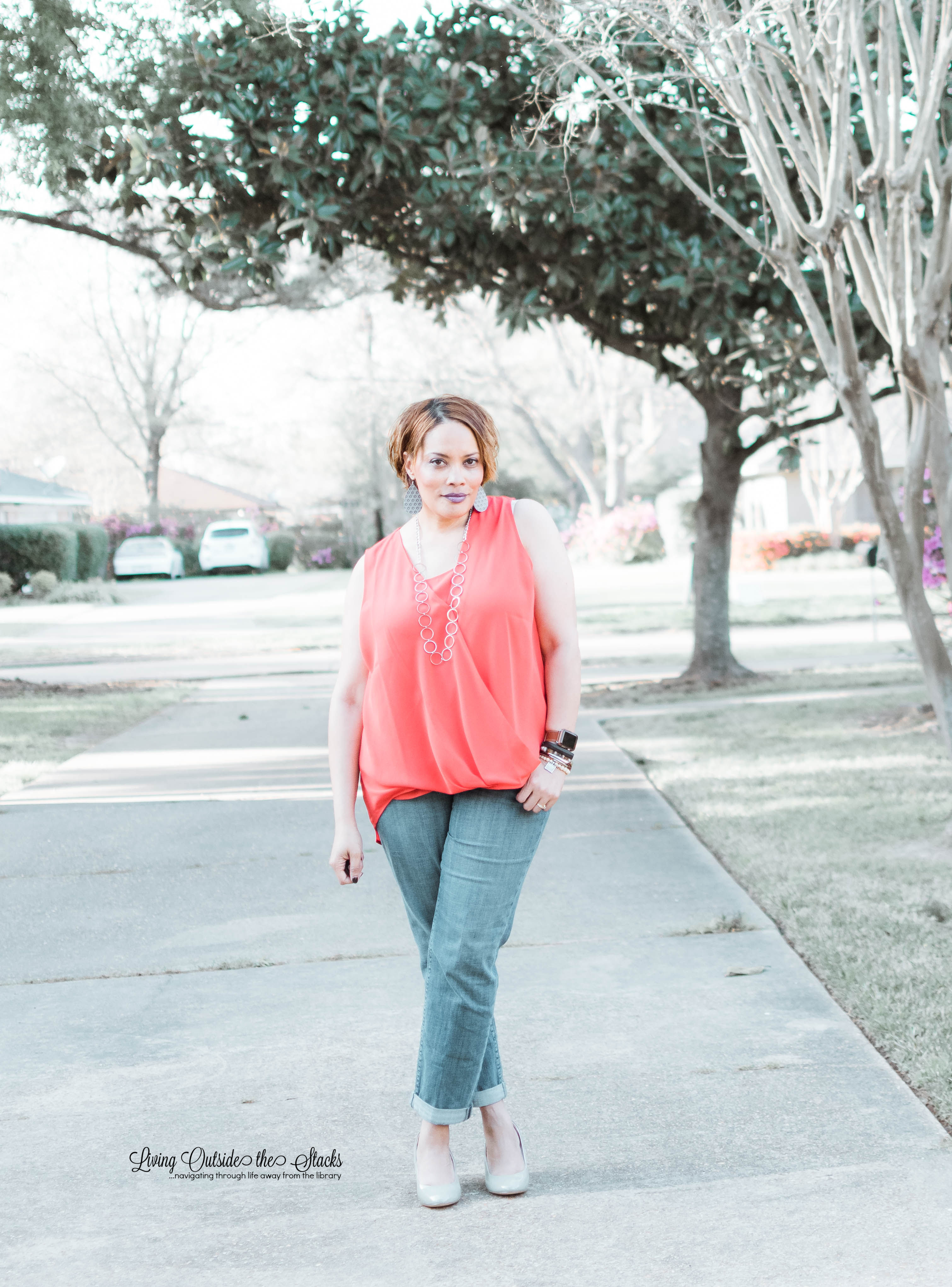 Red Sleeveless Top Boyfriend Jeans and Gray Pumps {living outside the stacks} 