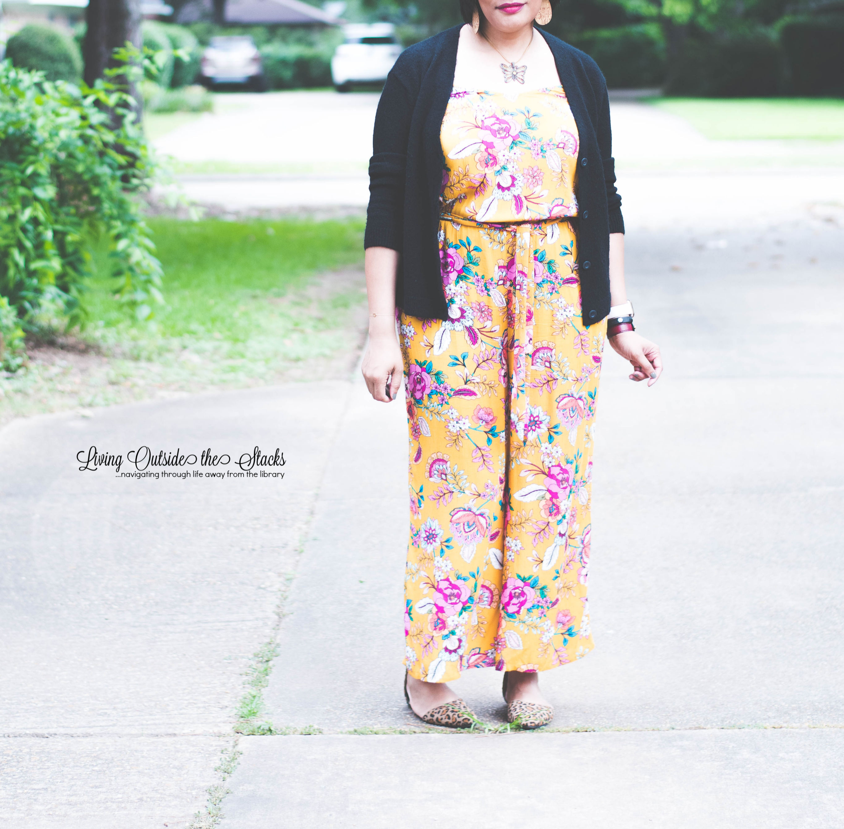 Daenel T {living outside the stacks} Black Cardi Yellow Jumpsuit