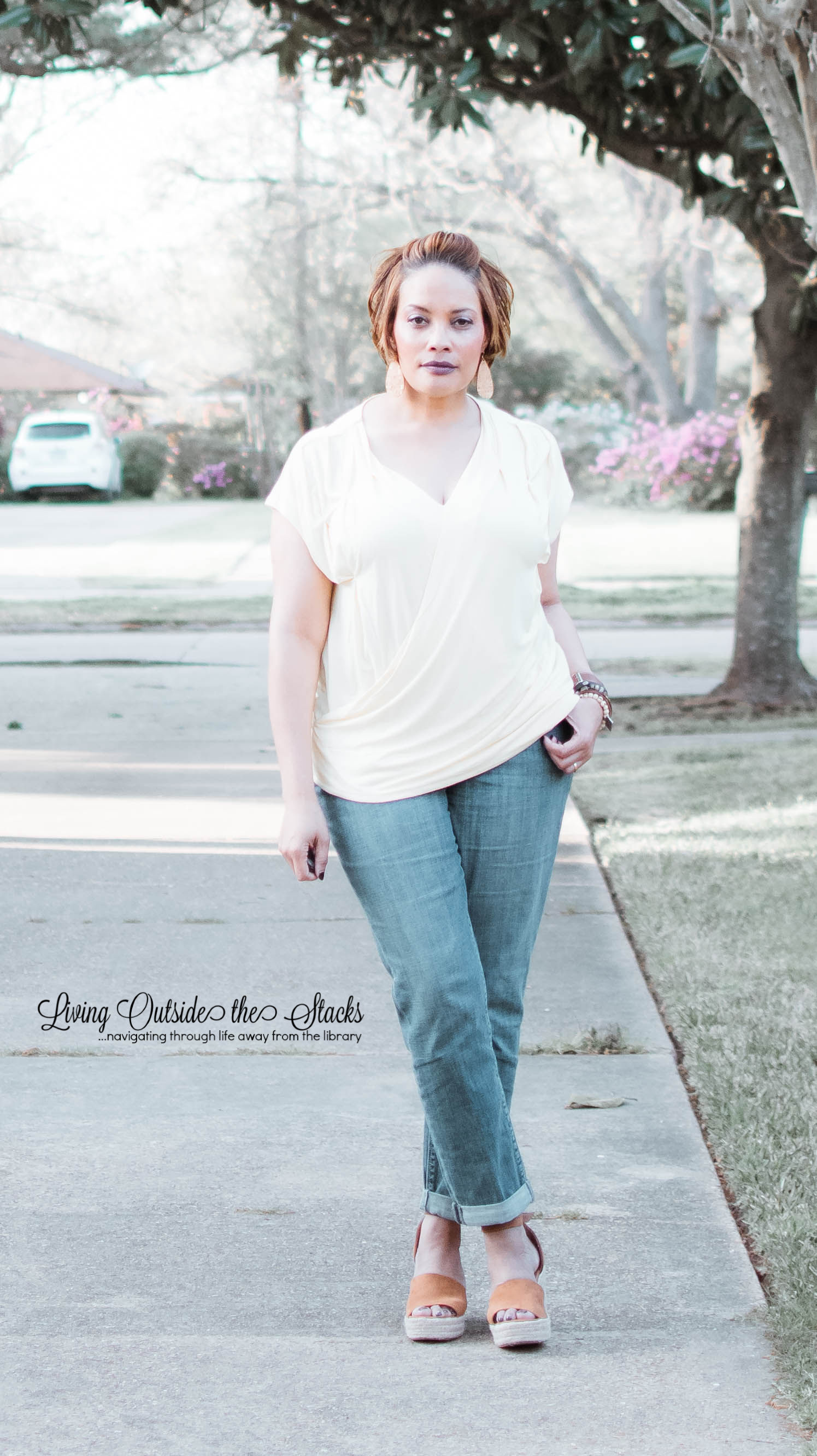 Daenel T {living outside the stacks} Yellow Wrap Top Boyfriend Jeans and Wedge Sandals