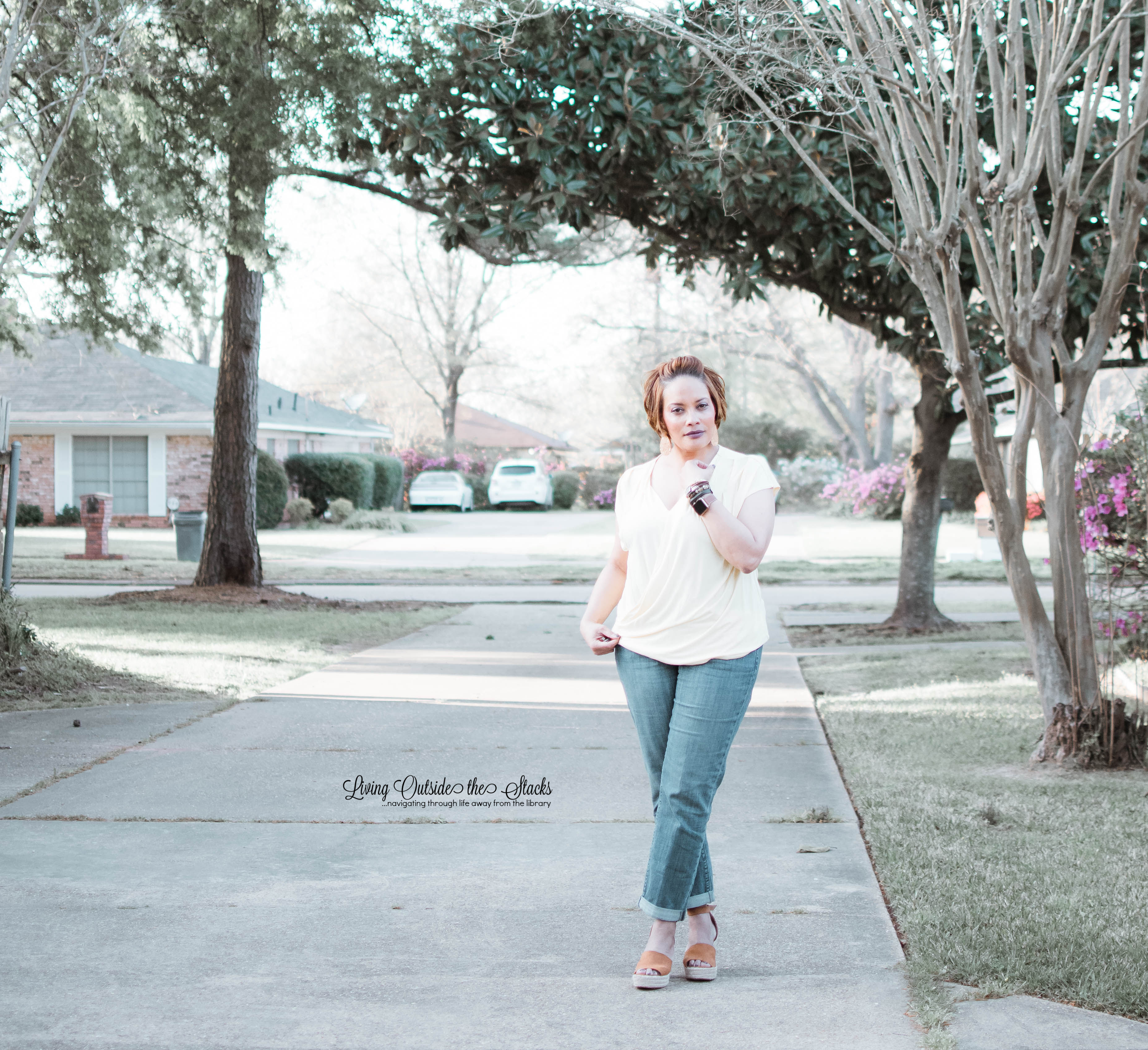 Daenel T {living outside the stacks} Yellow Wrap Top Boyfriend Jeans and Wedge Sandals