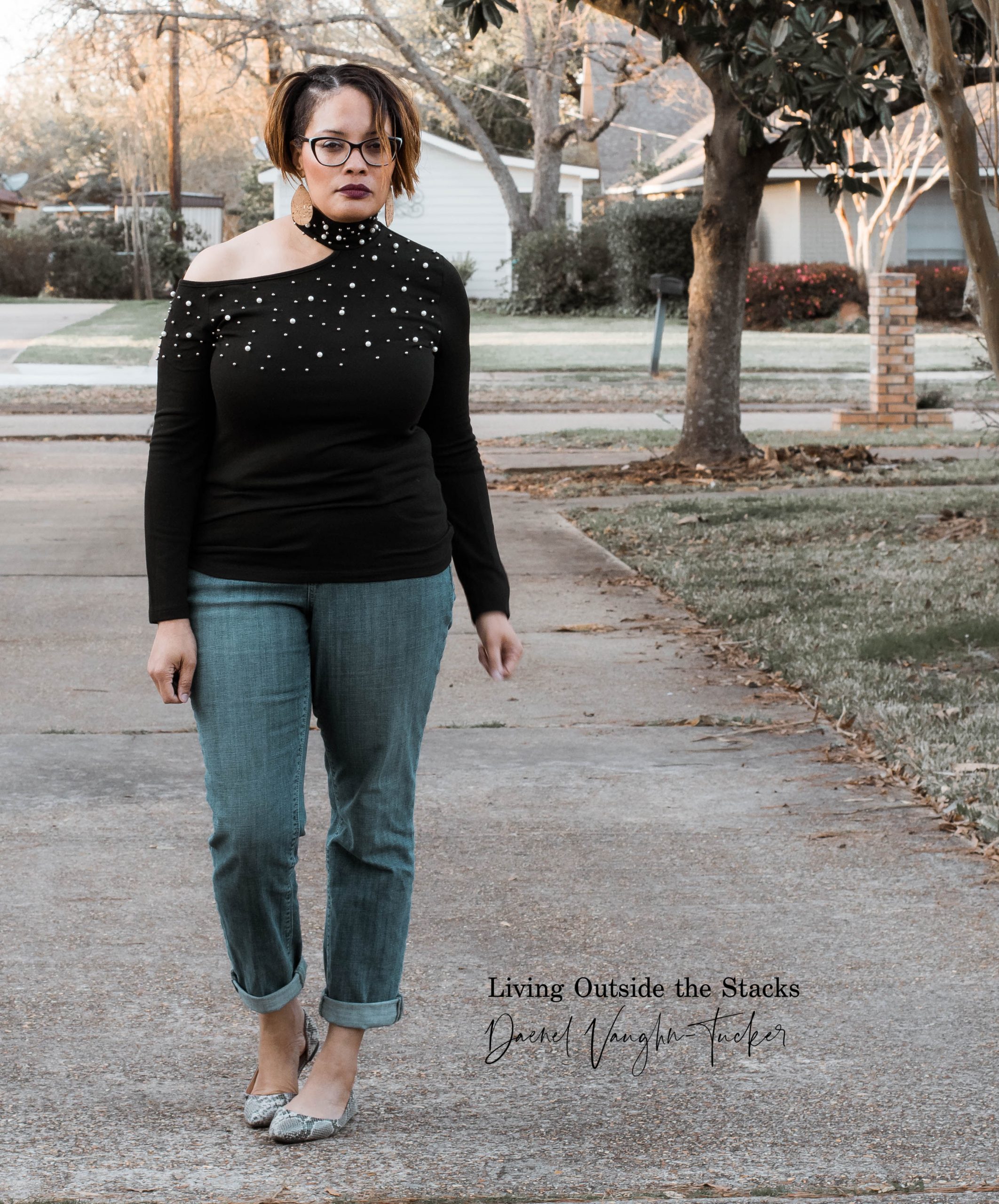 Black One Shoulder Sweater Boyfriend Jeans and Snake Print Flats {living outside the stacks}