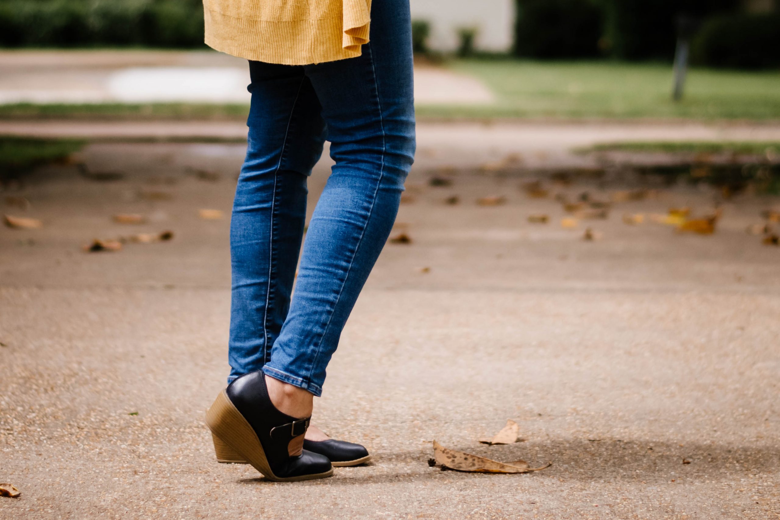  Yellow Cardi Taupe Wrap Top Jeggings and Mary Janes {living outside the stacks}