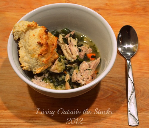 Chicken Noodle Soup and Cheddar Drop Biscuit Dinner {Living Outside the Stacks}