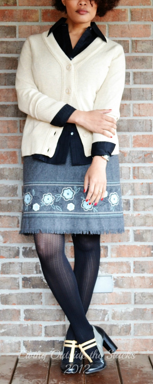Cream Cardi, Black Button Down, Gray Skirt, No nonsense black tights, and Mary Janes  {Living Outside the Stacks}