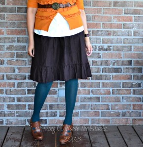 Orange Cardi, White Button Down, Brown Skirt, Green Tights, and Brown Booties {Living Outside the Stacks}