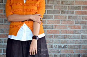 Orange Cardi, White Button Down, Brown Skirt, Green Tights, and Brown Booties {Living Outside the Stacks}