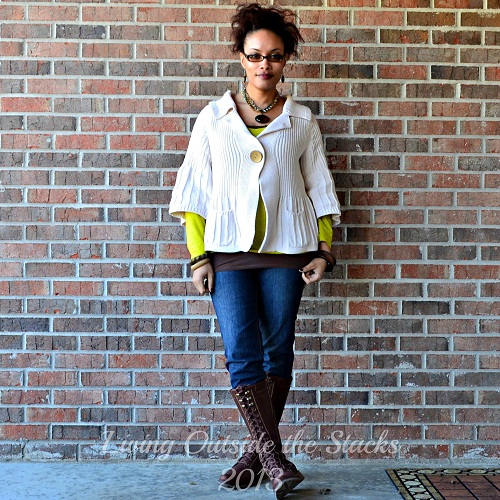 Cream Sweater, Citron Tee, Brown Cami, Jeans and Boots {Living Outside the Stacks}