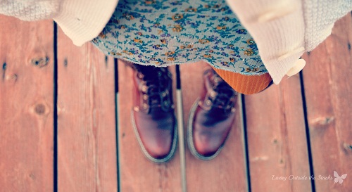 Brown Boots Mustard Tights and Blue Dress {Living Outside the Stacks}