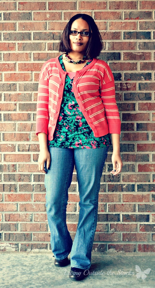 Salmon Cardi Floral Tee and Jeans {Living Outside the Stacks}