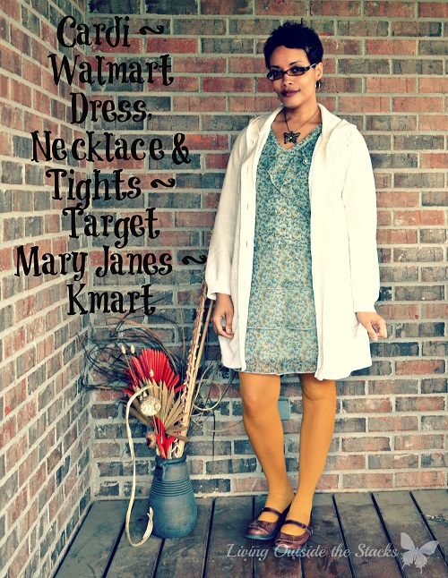 Cream Cardi Floral Dress Mustard Tights and Brown Mary Janes {Living Outside the Stacks}