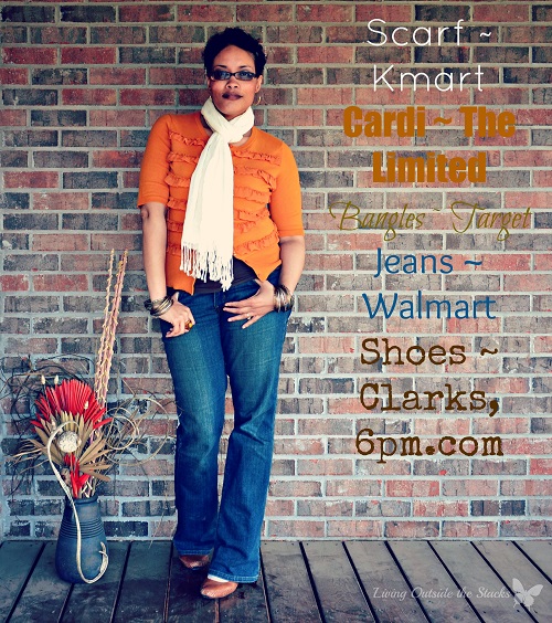 Orange Cardi Cream Scarf Brown Cami and Jeans {Living Outside the Stacks}