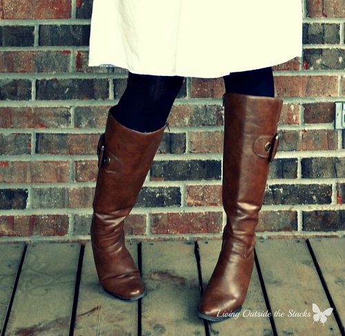 Gray Sweater White Dress Black Tights and Brown Boots {Living Outside the Stacks}