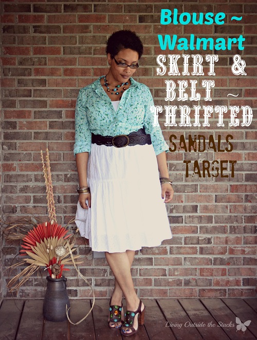 Turquoise Button Down White Eyelet Skirt and Sandals {Living Outside the Stacks}
