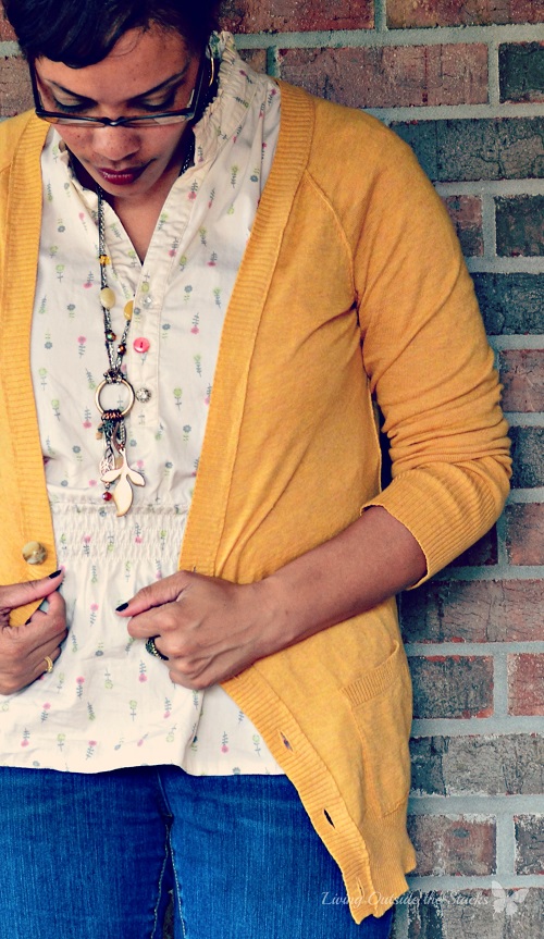 Mustard Cardi Floral Blouse and Flare Leg Jeans {Living Outside the Stacks}