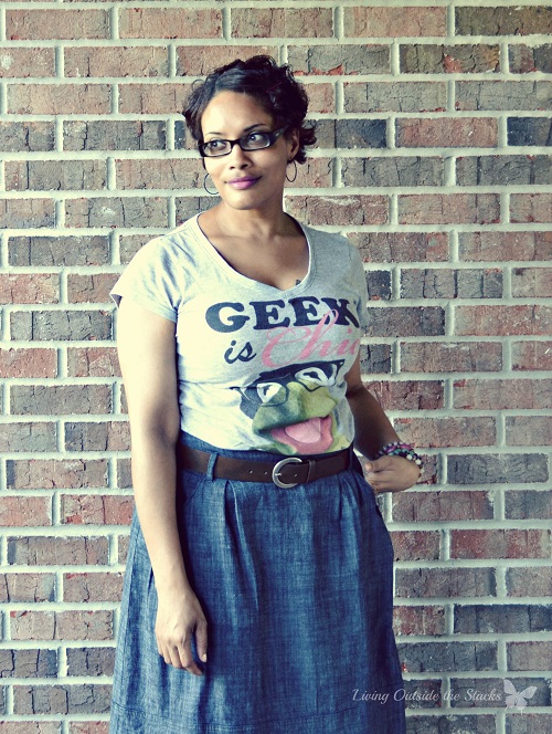 Pink Cardi Tee Denim Skirt and Oxfords {Living Outside the Stacks}