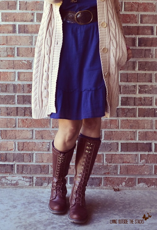 Tan Cardi Blue Dress and Brown Boots {Living Outside the Stacks}