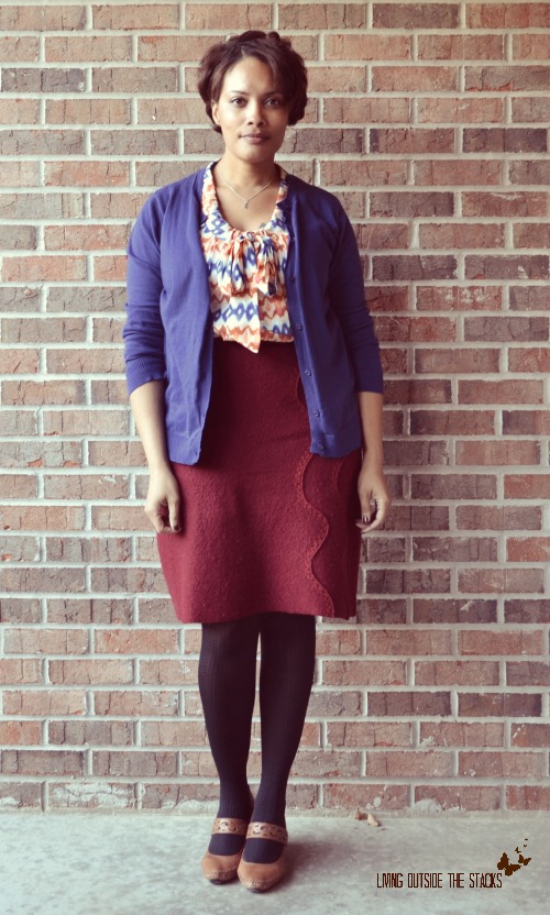 Blue Cardi, Ikat Blouse, Burgundy Skirt, Black Tights, and Brown Shoes {Living Outside the Stacks}