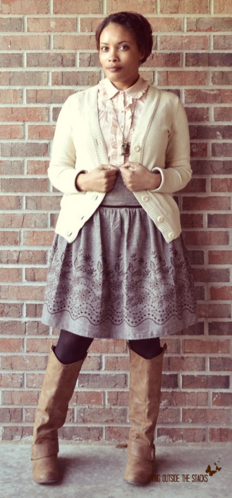Cream Cardi Peach Blouse Brown Skirt and Brown Boots {Living Outside the Stacks}