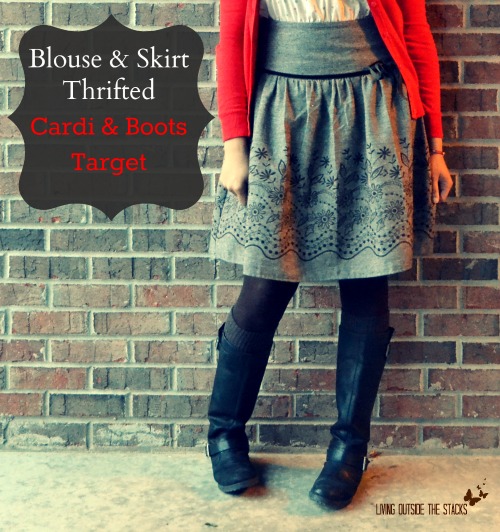Red Cardi, White Blouse, and Brown Skirt {Living Outside the Stacks}