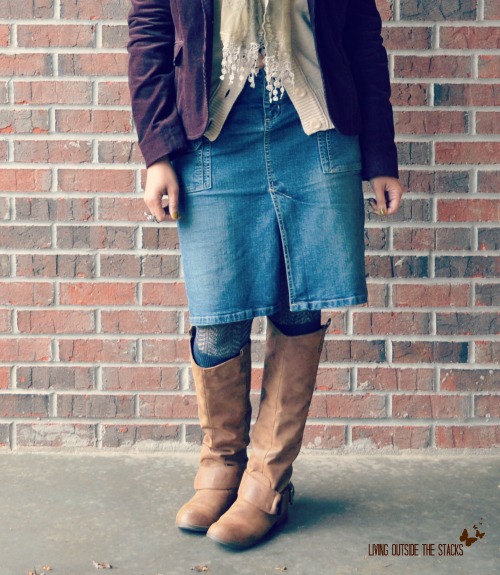 Brown Corduroy Jacket Neutral Scarf Gray Cardi and Denim Skirt {Living Outside the Stacks}