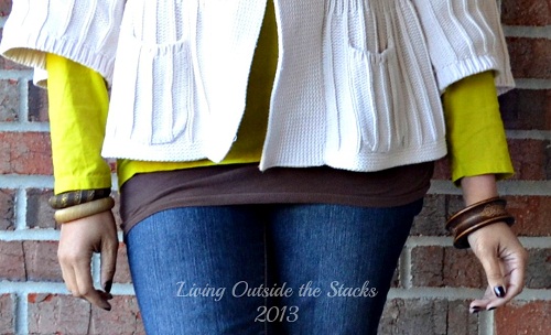 Cream Cardi Citron Tee Denim Leggings and Brown Boots {Living Outside the Stacks}
