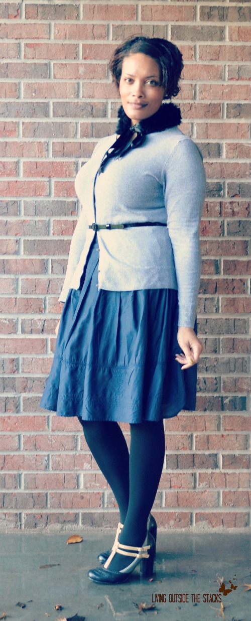 Faux Fur Collar Gray Cardi and Navy Skirt {Living Outside the Stacks}