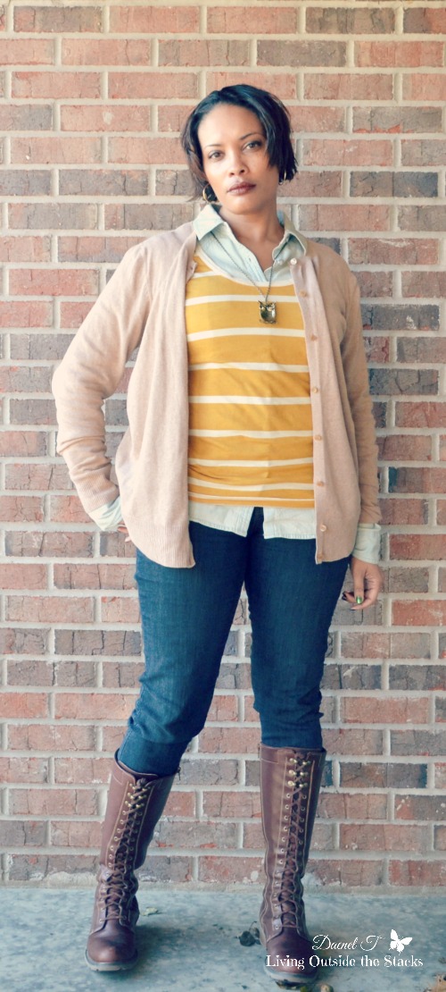 Tan Cardigan Mustard Striped Tee Denim Shirt Skinny Jeans and Boots {Living Outside the Stacks}