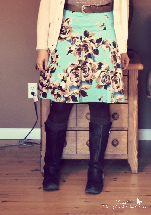 Cream Cardi Brown Tee and Teal Floral Skirt {Living Outside the Stacks}