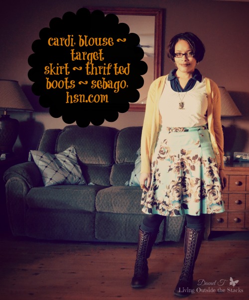 Mustard Cardi Teal and Brown Floral Skirt with Brown Boots {Living Outside the Stacks}