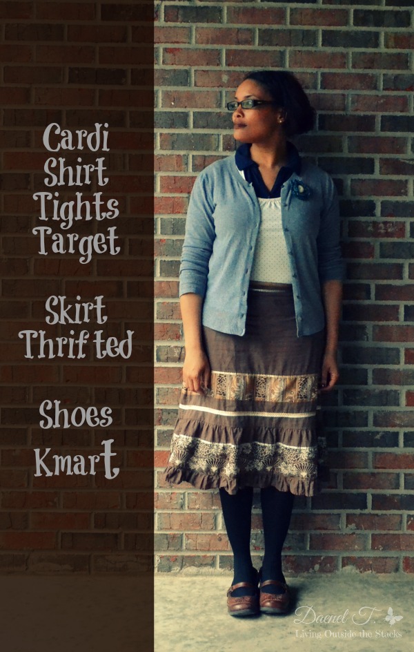 Gray Cardi, Cream Shirt, Brown Skirt, Black Tights, and Brown Shoes {Living Outside the Stacks}