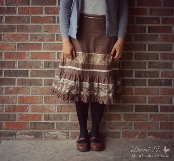 Gray Cardi, Cream Shirt, Brown Skirt, Black Tights, and Brown Shoes {Living Outside the Stacks}