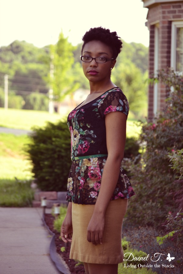 Floral Peplum Top Camel Pencil Skirt and Black Pumps {Living Outside the Stacks}