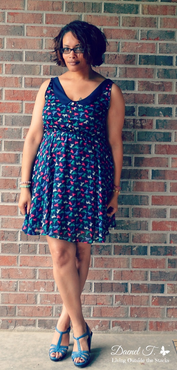 Pink Cardi Horse Print Dress and Blue Shoes {Living Outside the Stacks}