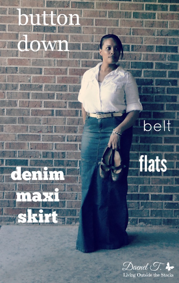 White Button Down Denim Maxi Skirt and Flats {Living Outside the Stacks}