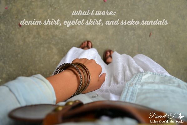 Denim Shirt White Eyelet Skirt and Sseko Sandals {Living Outside the Stacks}