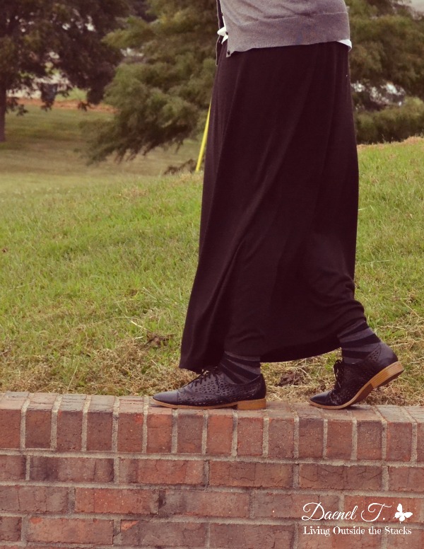 Gray Cardi White Tee Black Maxi and Black Oxfords {Living Outside the Stacks}