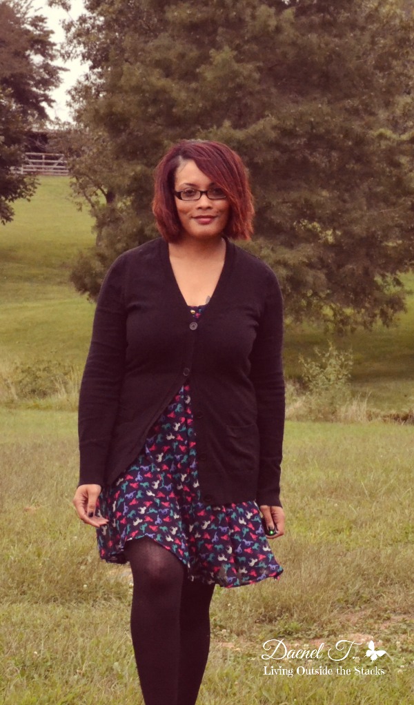 Black Cardigan and Horse Print Dress {Living Outside the Stacks}