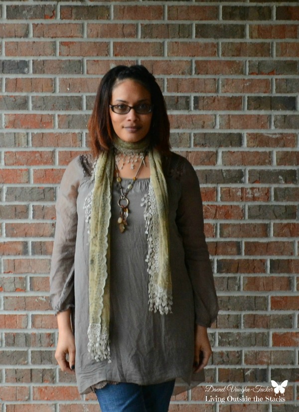 Neutral Top Scarf and Jeans {Living Outside the Stacks}