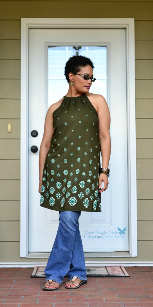 Old Navy Dress Over Jeans with Sseko Sandals and Sloan and Themis Earrings{Living Outside the Stacks}
