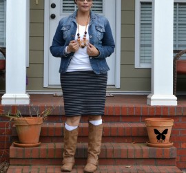 Denim Jacket White Sweater Black and White Striped Skirt and Boots {living outside the stacks}