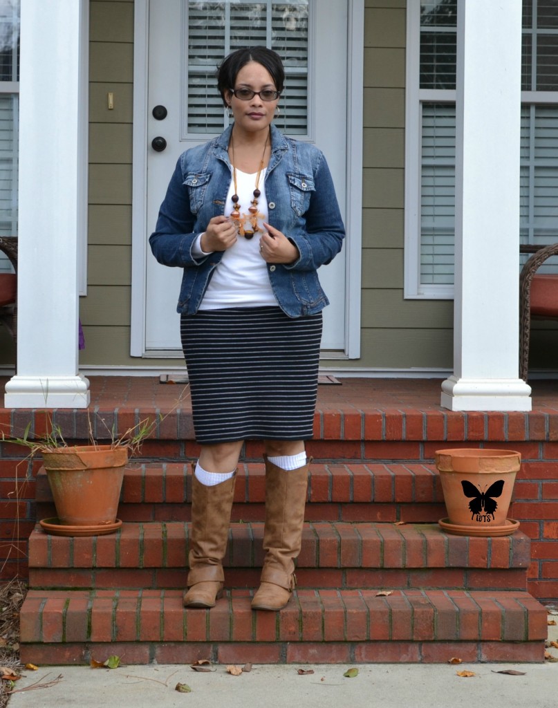 Denim Jacket White Sweater Black and White Striped Skirt and Boots {living outside the stacks}