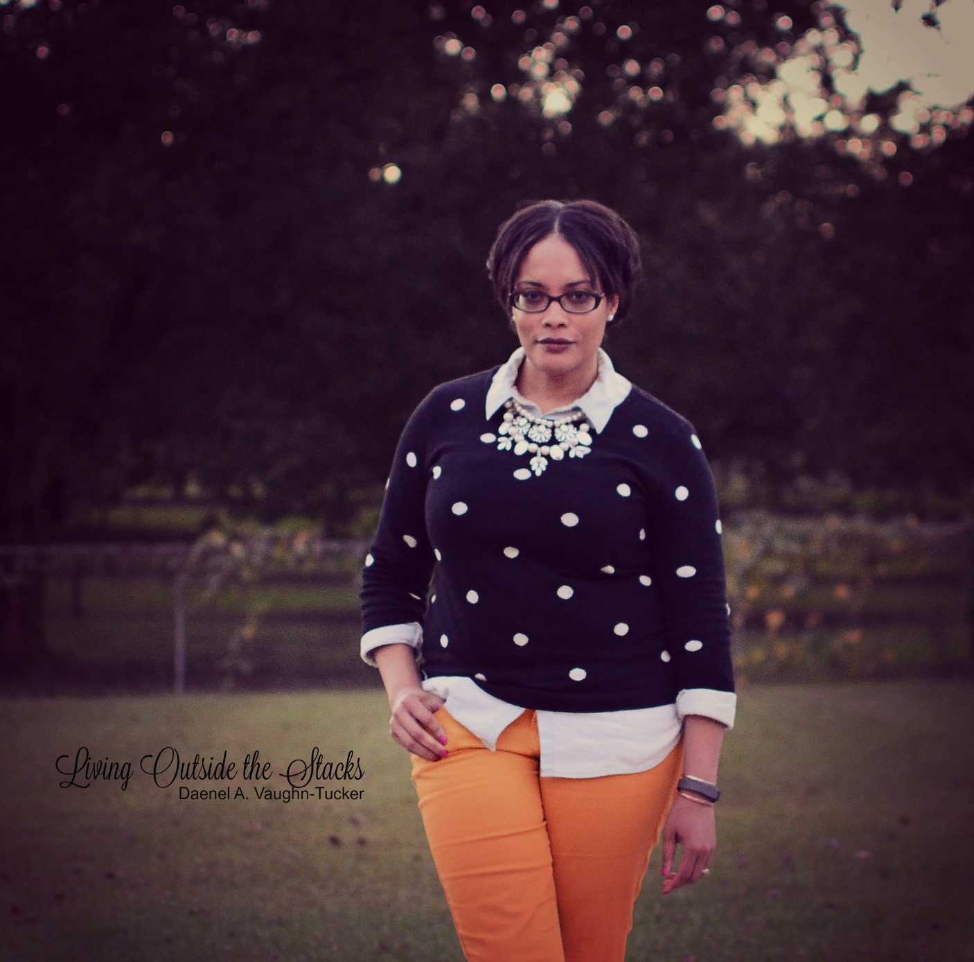 Polka Dot Sweater Mustard Pants and Black Oxfords {living outside the stacks}