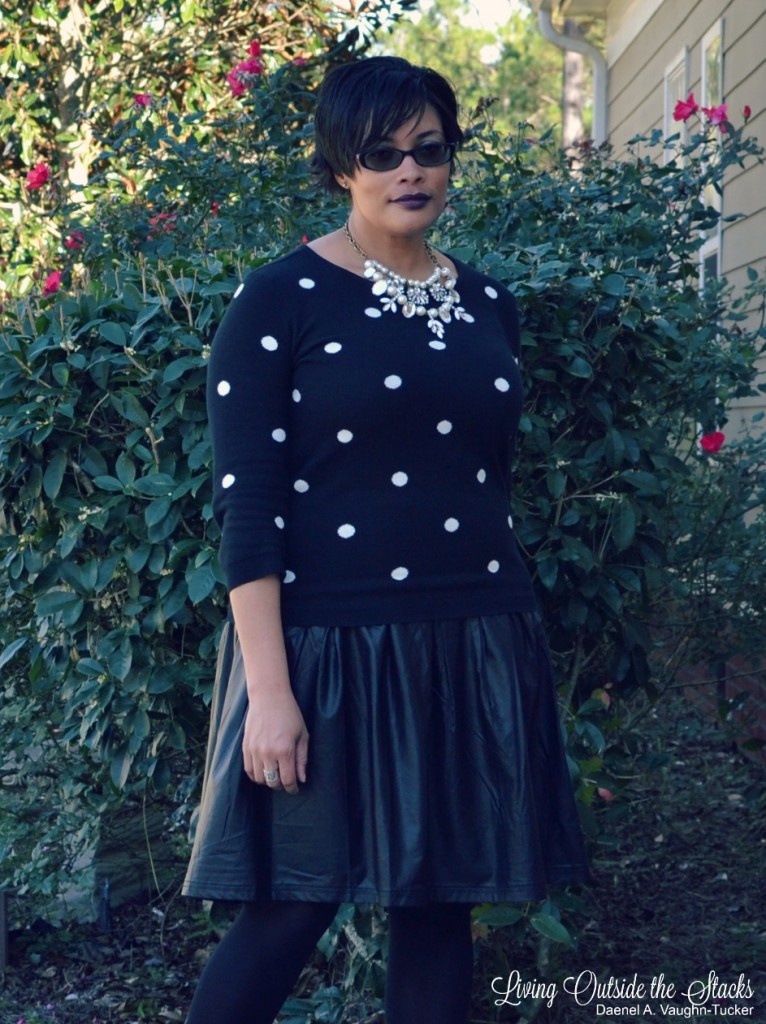 Black Polka Dot Sweater and Faux Leather Midi Skirt {living outside the stacks}