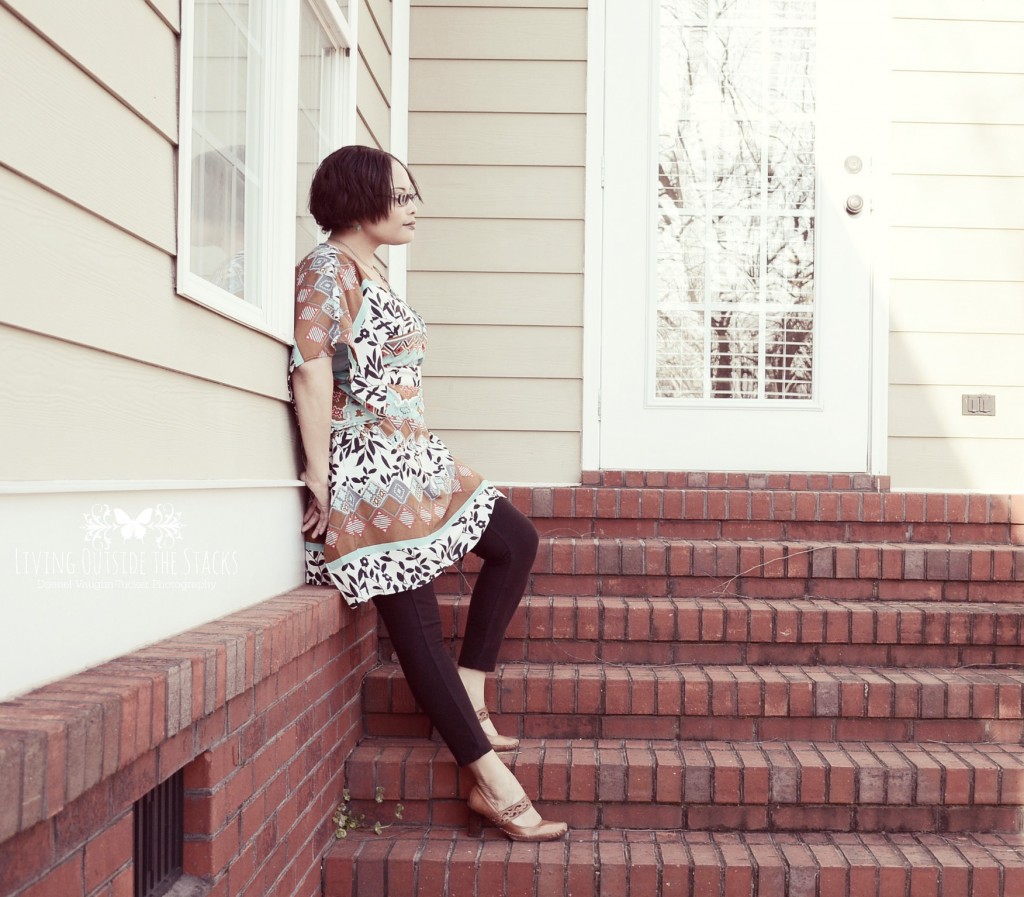 Multicolored Caftan Black Leggings and Clarks Shoes {living outside the stacks}