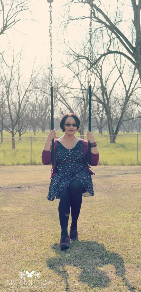 Berry Sweater Multicolored Horse Print Dress Black Tights and Berry Clarks {living outside the stacks}