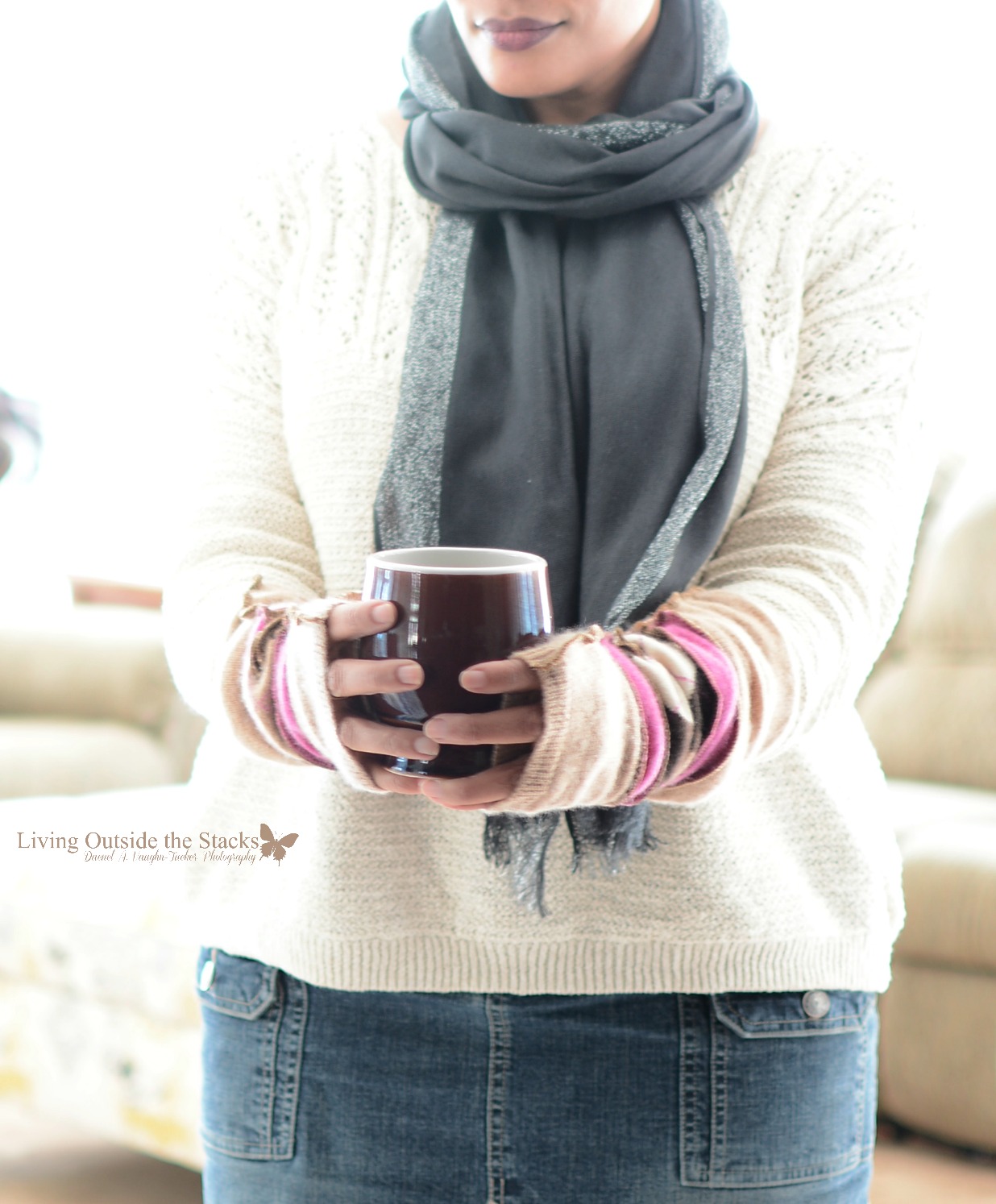 Chunky Sweater Scarf Arm Warmers Denim Skirt and Brown Boots {living outside the stacks}