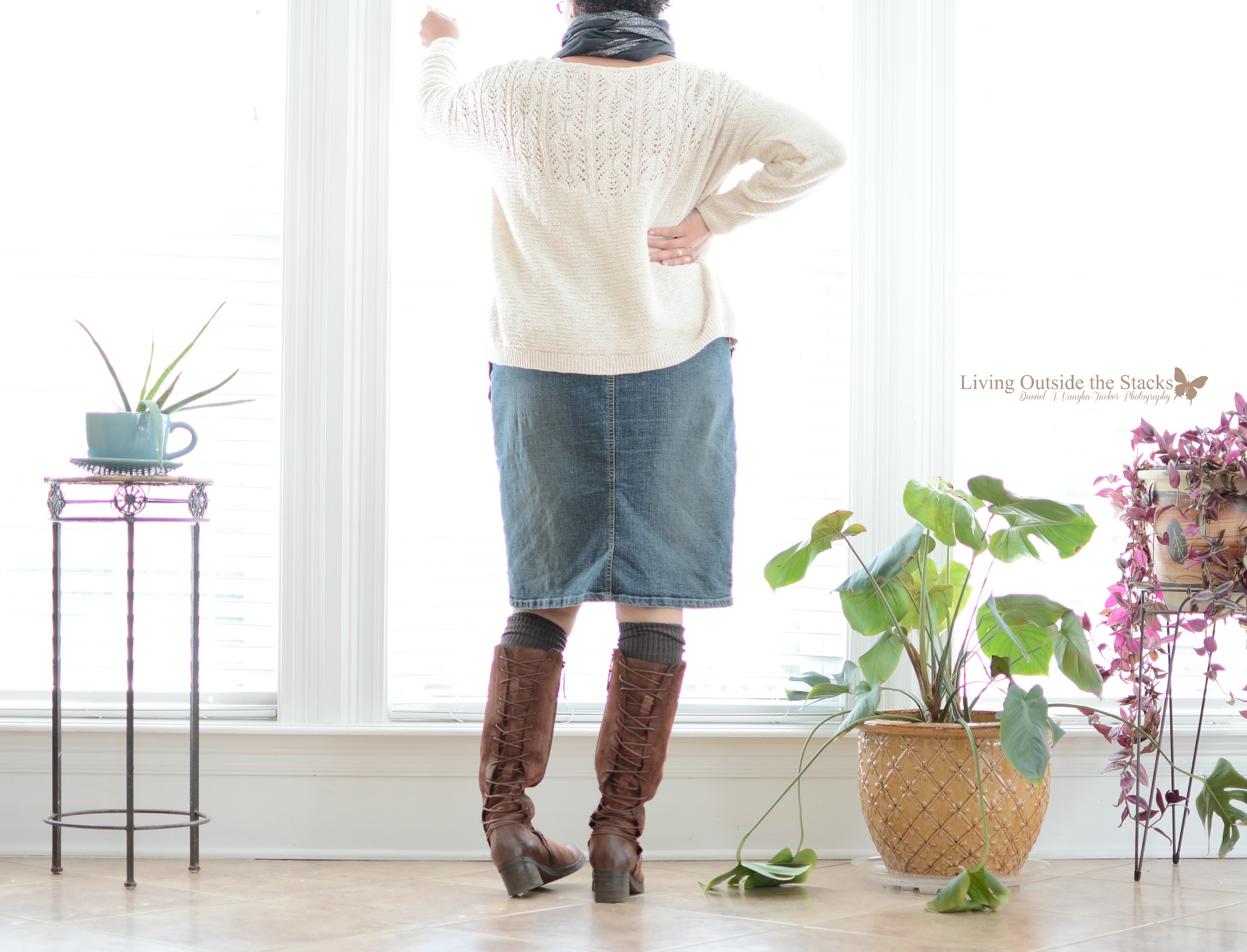 Chunky Sweater Scarf Arm Warmers Denim Skirt and Brown Boots {living outside the stacks}