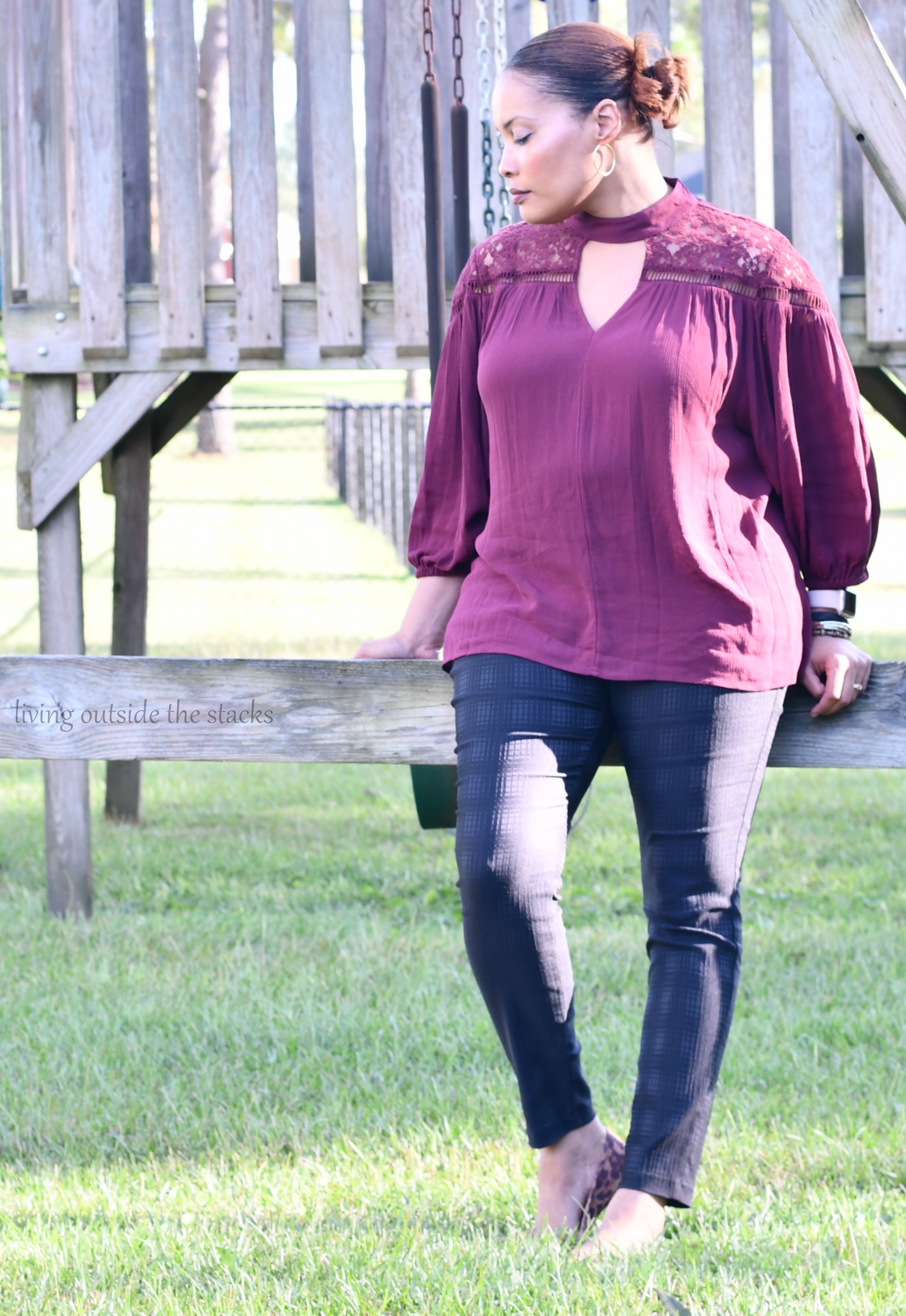 Madiera Wine Keyhole Top with Black Skinny Pants and Leopard Flats {living outside the stacks}